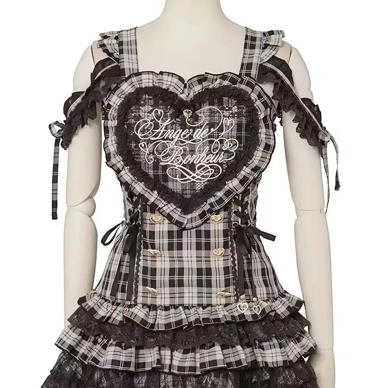 Jirai Kei Dark Sweet Lolita Mini Dress Women Bowknot Lace Puff Corset Heart Ruffle Cake Skirt Japanese Kawaii Harajuku Fashion