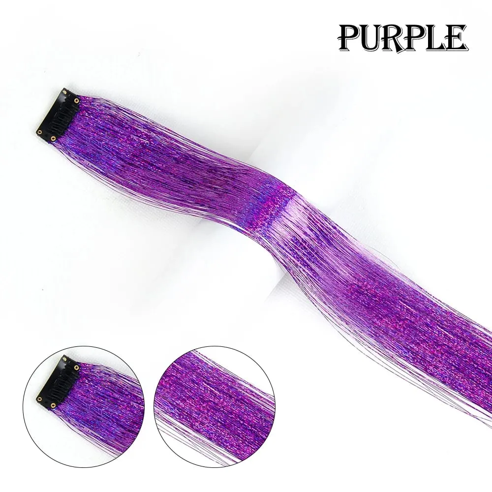 Straight Rainbow Colored Party Highlights Clip On In Hair Extensions Bling Hair Piece Synthetic Hairpieces Sparkling Tinsel Red