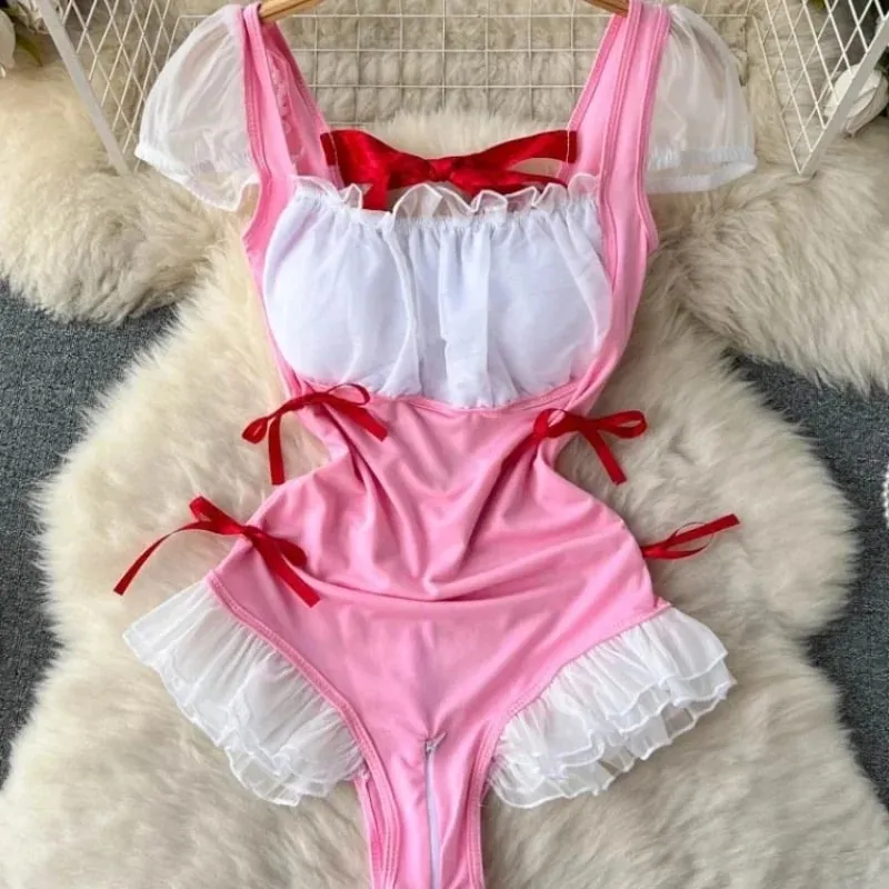 Sevimli Gri Tavşan kulaklık Üst Seksi Backless Slim Fit Bodysuit Zip Kolsuz Kadın Seksi Erotik Iç Çamaşırı Tavşan Cosplay Tulum