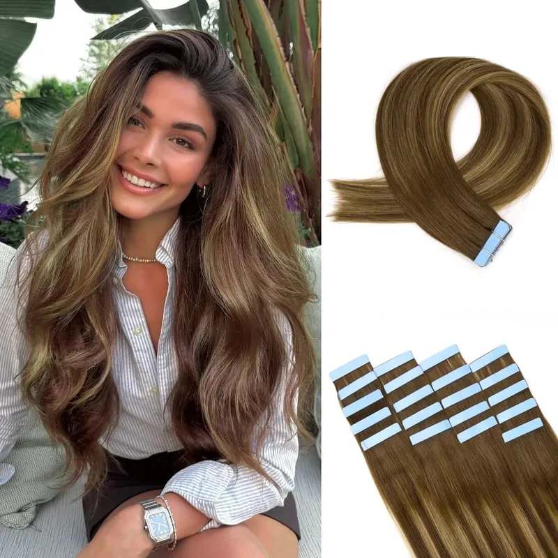 Brown Tape in Hair Extensions 100% Remy Human Hair Extensions Straight Seamless Skin Weft Tape in Extensions for Women 20pcs