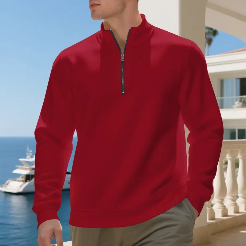 Autumn Winter Men's Fleece Quarter Zip Pullover Man Long Sleeved Loose Stand-up Collar Sweater Casual Comfy Mock Neck Sweatshirt