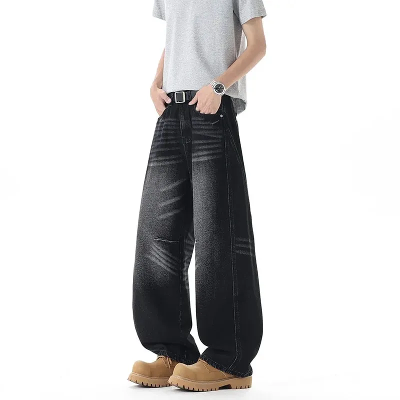 Men 2026 New American Curved Cut Jeans Fall Winter High Street Washed Whiskering Wide Leg Vintage Loose Denim Trousers