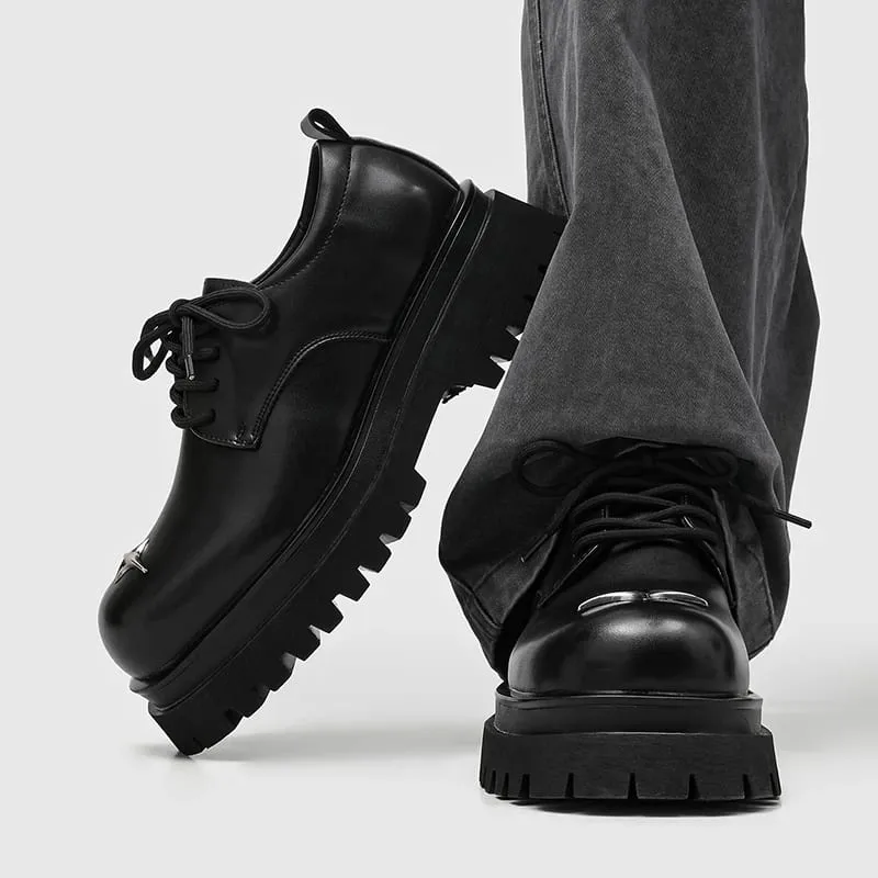 Men's Lace‑Up Platform Derby Shoes Metal Decor Chunky Sole Fashion Casual Footwear Non‑Slip Daily Walking Shoes