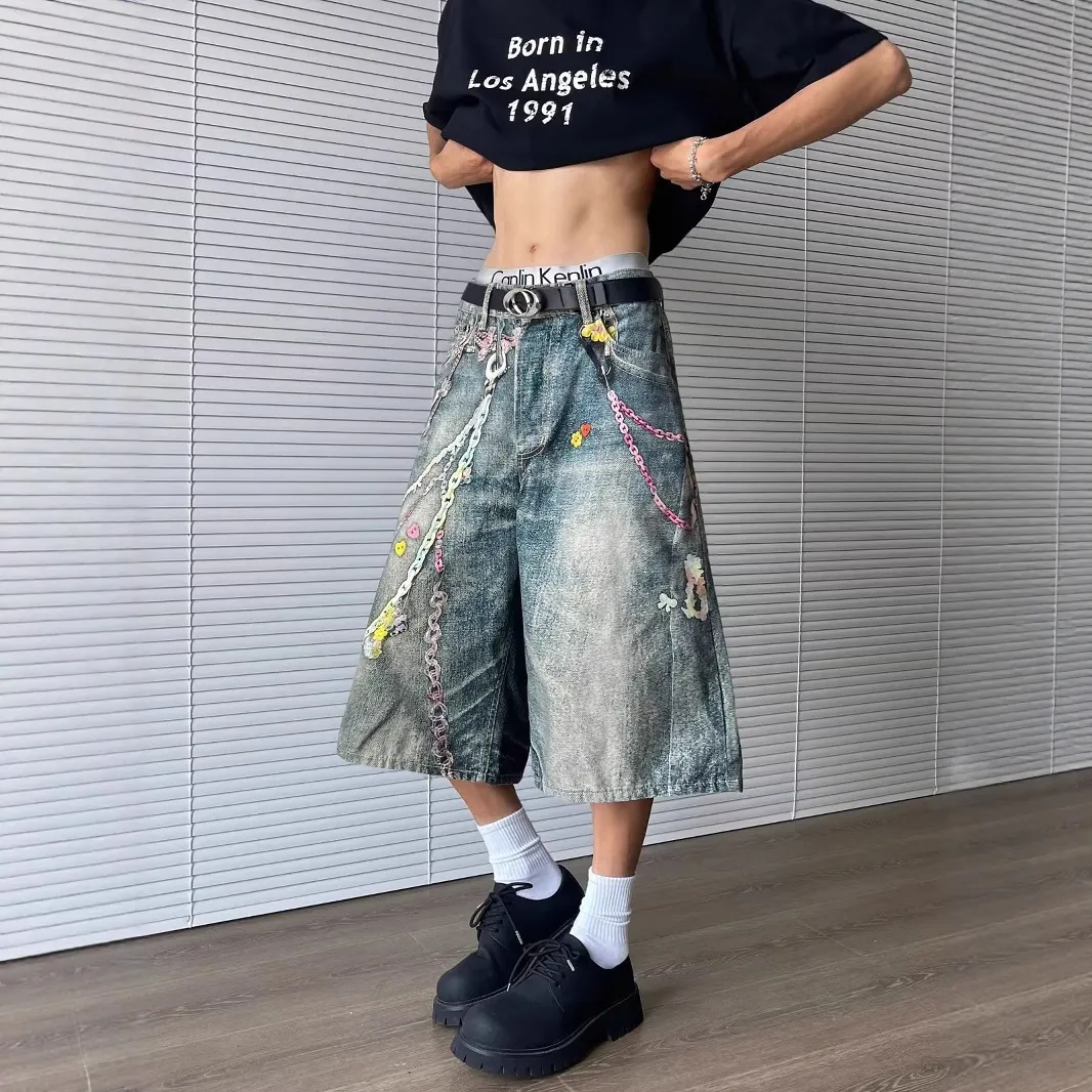 3D Print Baggy Jeans Shorts Men Streetwear Candy Chain Patchwork Summer Wide Leg Casual Loose Knee Length Pants Oversized
