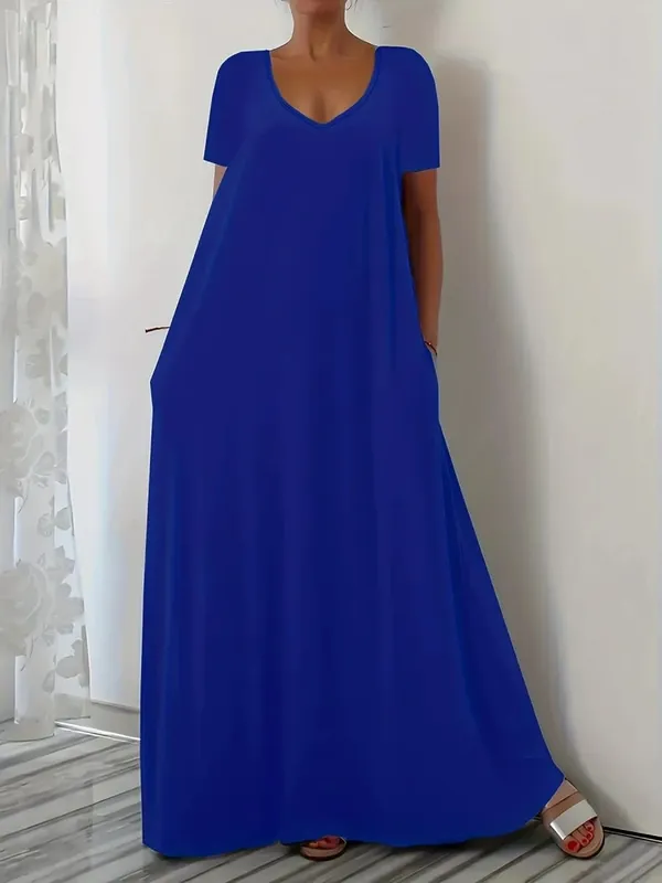 Grande taille été nouvelle jupe longue décontracté ample à manches courtes couleur unie col en v robe de grande taille pour les femmes