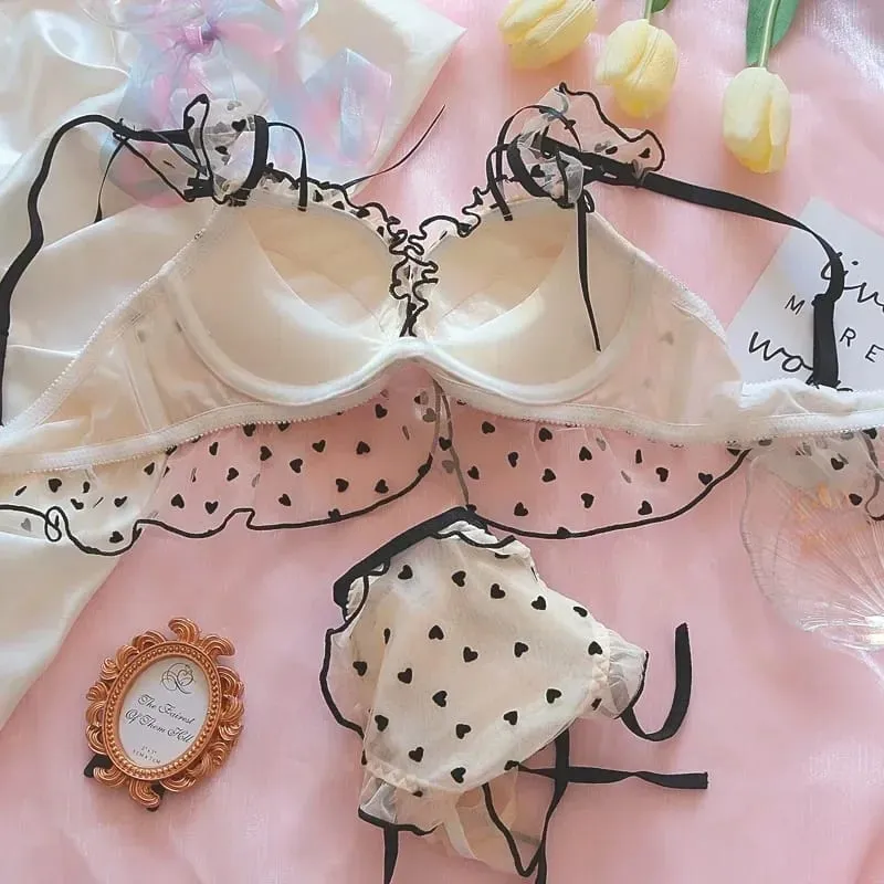 Cute Heart Lingerie Set for Girls Bralette & Panty Set Wire-Free Soft Bra Small Breasts Comfort