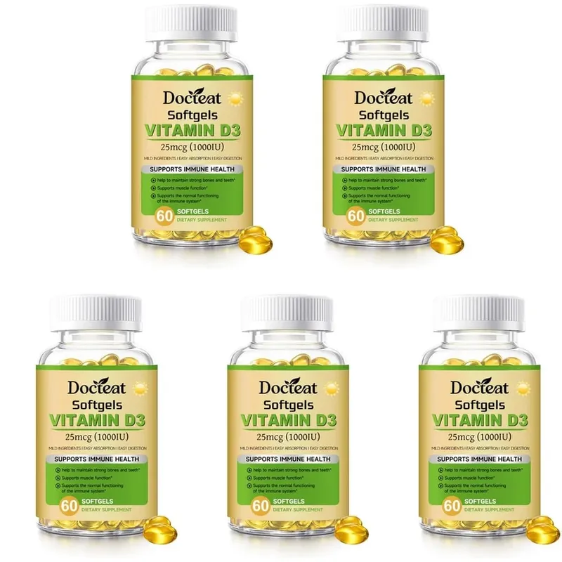 Docteat Vitamin D3 Softgels Supports Immune Health Helps Maintain Bones and Teeth for Adult Daily Requirement 60 Softgels