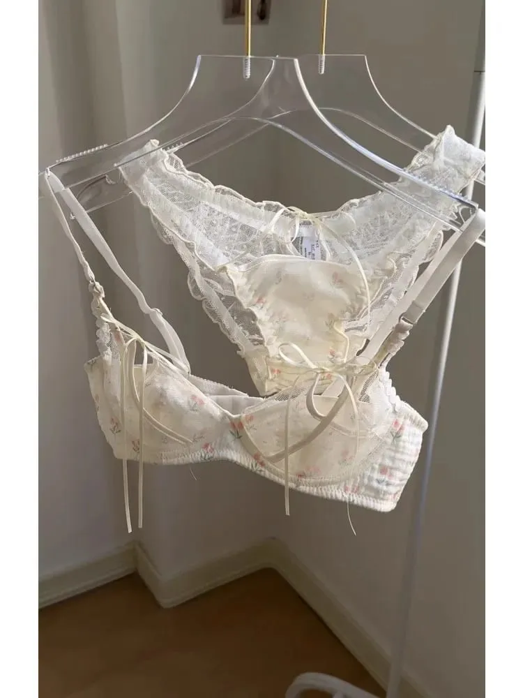Kawaii Lace Bralette Set Japanese Floral Mesh Underwear Summer Ultra-Thin Lace-Up Cutout Romantic Bra 2024 New Kawaii set — image 2