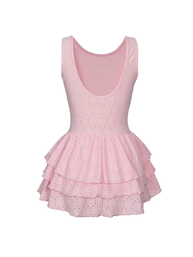 Summer 2026 New Arrival: Women's Solid-Color Floral-Printed Embroidered Ruffled-Hem Sleeveless Mini Dress