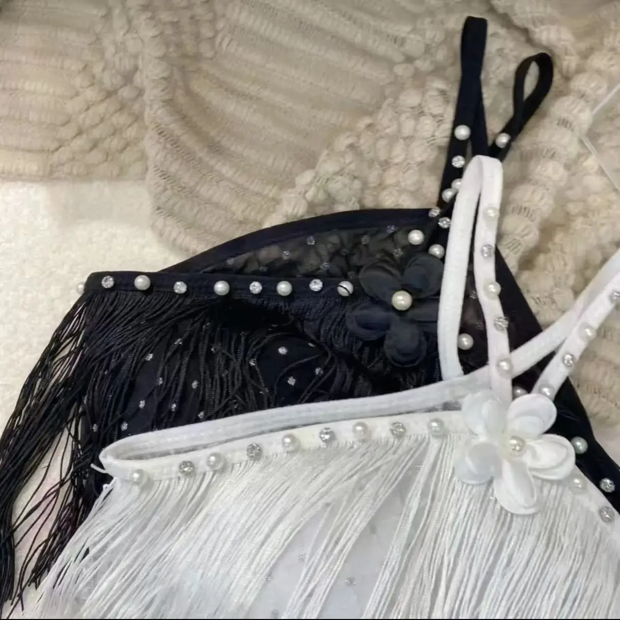 Decorative Halter Top with Padded Cups Long Tassel Pearl Sparkling Diamond Retro Millennial Style Sexy Halter