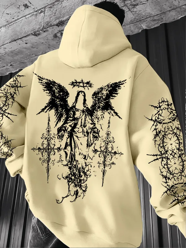 Men's Angel-themed graffiti thorn print streetwear hip-hop punk style hooded sweatshirt regular fit version sweatshirt hoodie — image 4