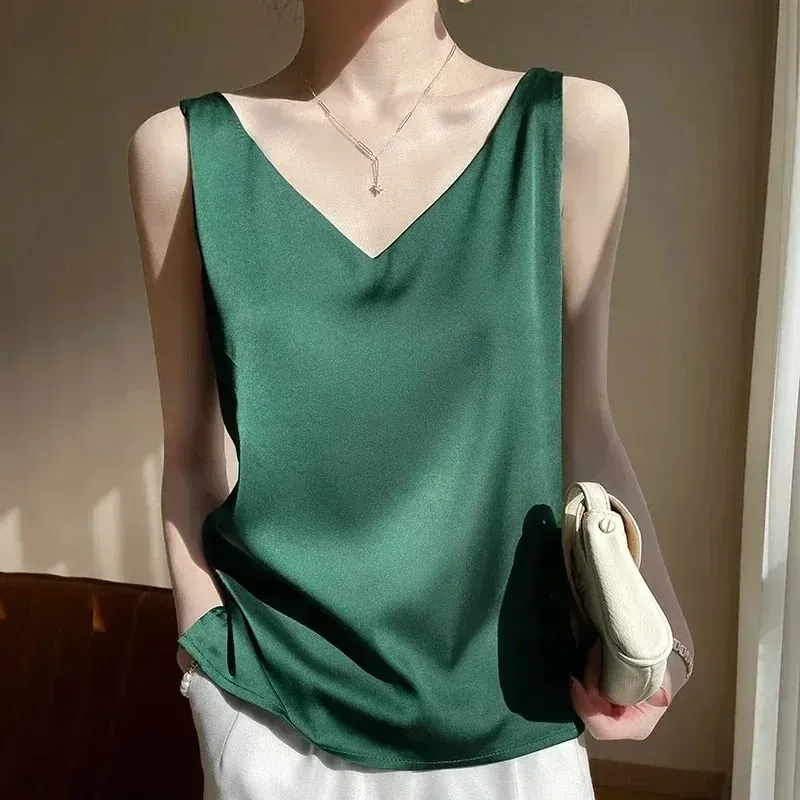 Kvinde T-shirts Elegant SILK Satin Bluse Ærmeløs Kvinde Sommer Casual Løse Tanks og Camis Ensfarvede grønne toppe til kvinder — image 12