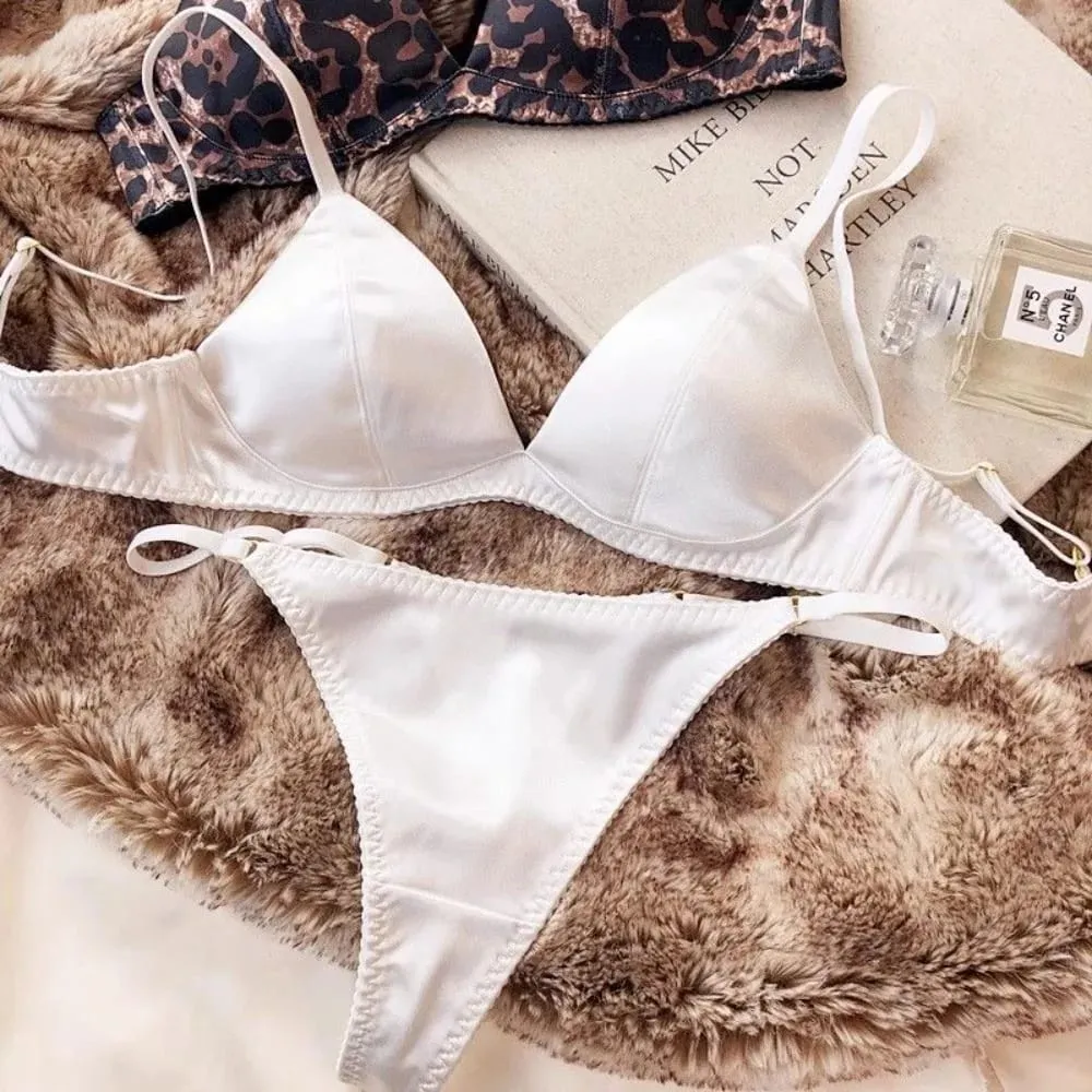 French Style Satin Triangle Cup Bra Set Women Sexy Thin Wireless Seamless Lingerie Light Lift Comfort Brassiere Underwear 32-38