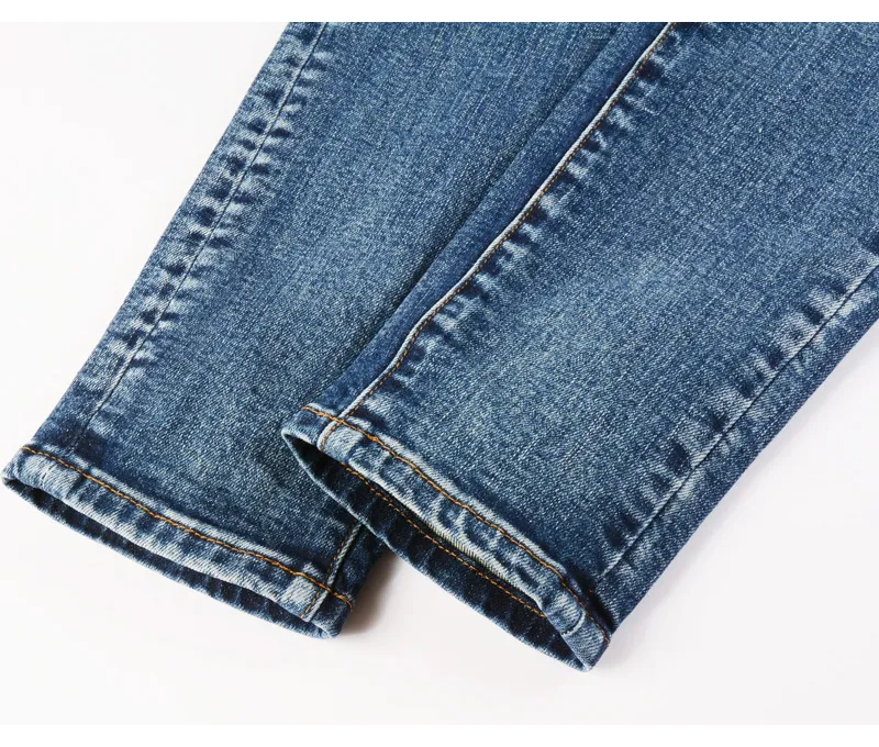 Fashionable New Men's Retro Blue Jeans With Pleated Elastic Perforated Blue Leather Patch Tight Tapered Pants Y2K