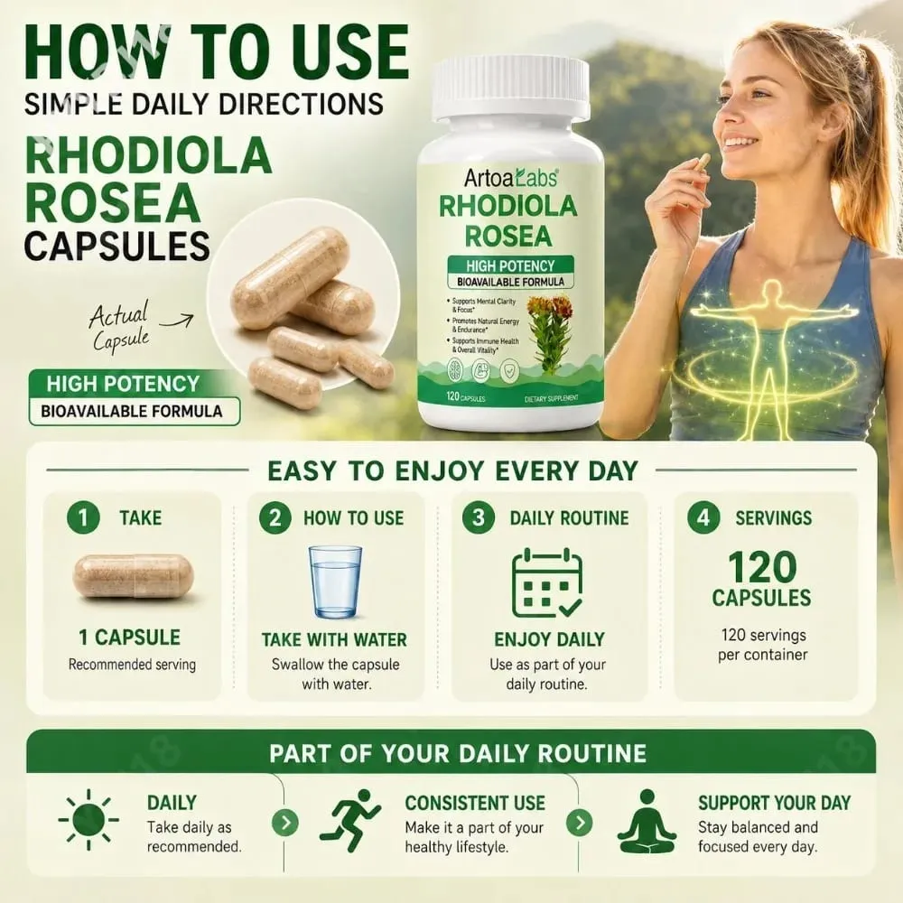Rhodiola Rosea Capsules High Potency Formula Supports Mental Clarity & Focus Energy & Endurance Immune Health & Vitality 120 Ct