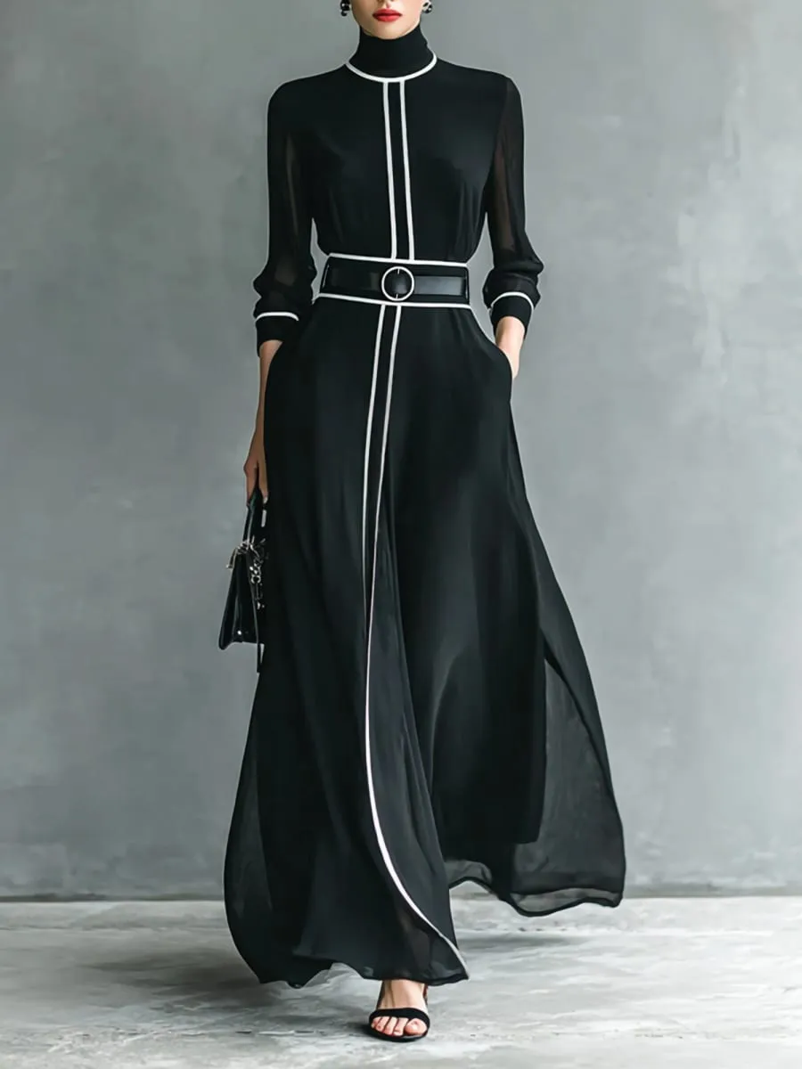 French Elegant Chiffon Maxi Dress High Neck Long Sleeve with White Piping Trim Ideal for Office Business Banquets & Parties