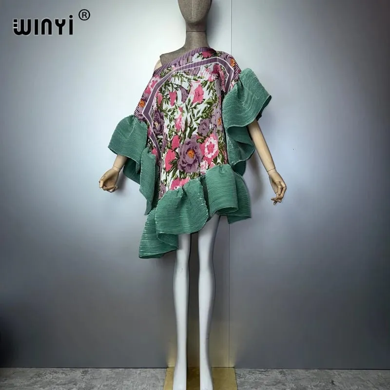 Women's Pleated Elastic Casual Short Dress Beach Cover up Kaftan Abaya Dubai Luxury Evening Wear Muslim Fashion