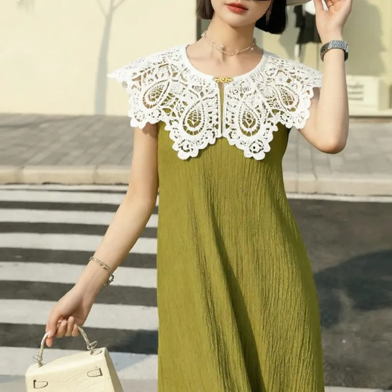 Pleated Sleeveless Elastic Long Dresses Women Vintage Palace Style Womens Black White Doll Fake Collar Soft Midi Dress Clothing