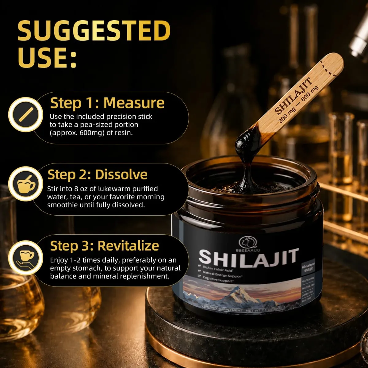 204MG Natural Shilajit Resin Original เครื่องดื่มอาหารเสริมแร่ธาตุสำหรับภูมิคุ้มกันสุขภาพการเผาผลาญสุขภาพกายโดยรวม