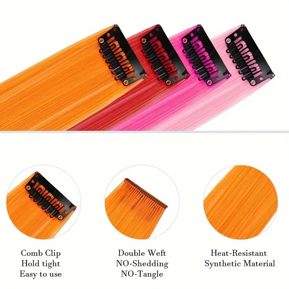 24Pcs/lot Clip in Hair Extensions Multi-Colors Highlights Synthetic Hair 22 inch Rainbow Hairpieces for Girls Women Kids