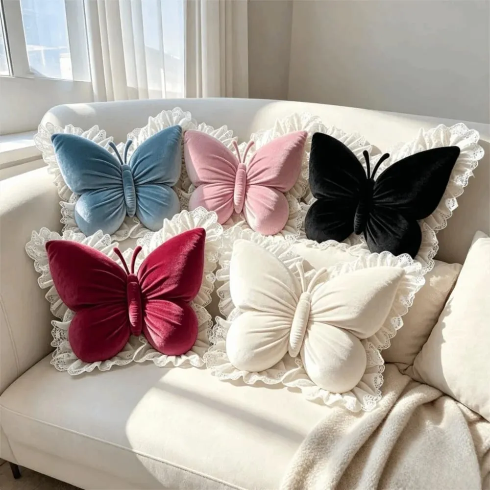 Home Decor Velvet Butterfly Pillow Lace Trim Bow Cushion Soft New Bow Throw Pillow Bedroom