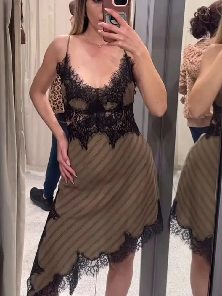 2026 New Women's Lace Trim Cut Out Dress Sleeveless Asymmetric Hem Long Sling Dress Lady Fashion Elegant Party Streetwear