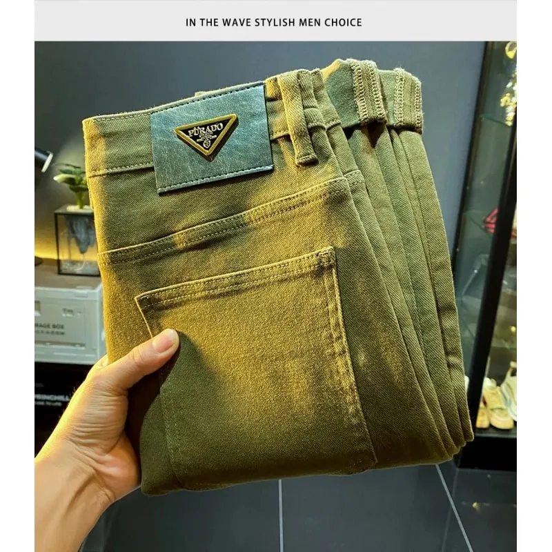 Mænds high-end retro grønne jeans 2024 nye efterår og vinter slim fit skinny stretch afslappet denim lette luksus lange bukser