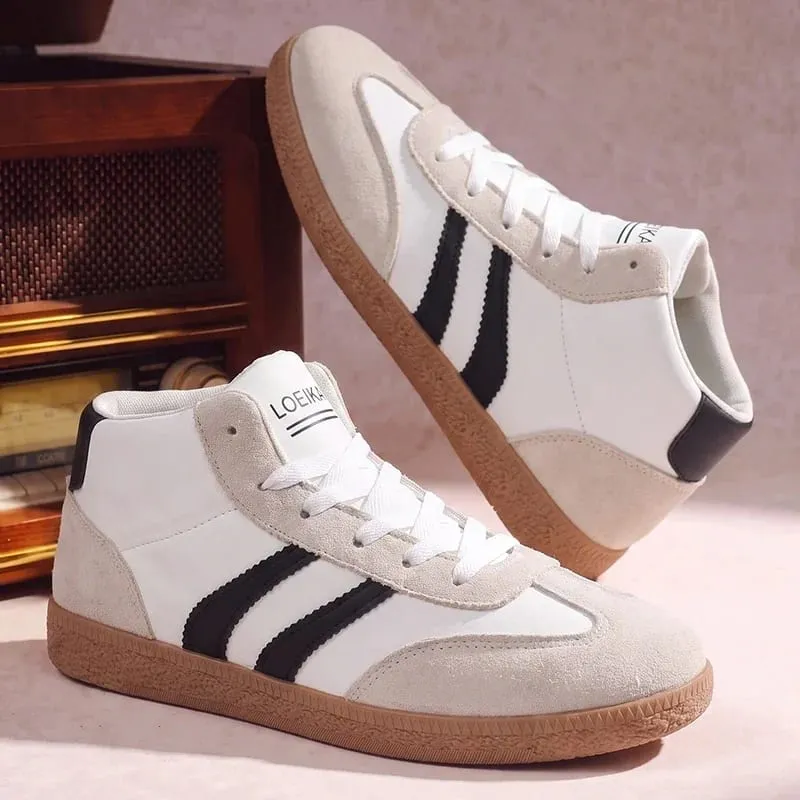 Unisex High Top Retro Sneakers Striped Patchwork Lace‑up Soft Rubber Sole Daily Casual Board Shoes for Men Women