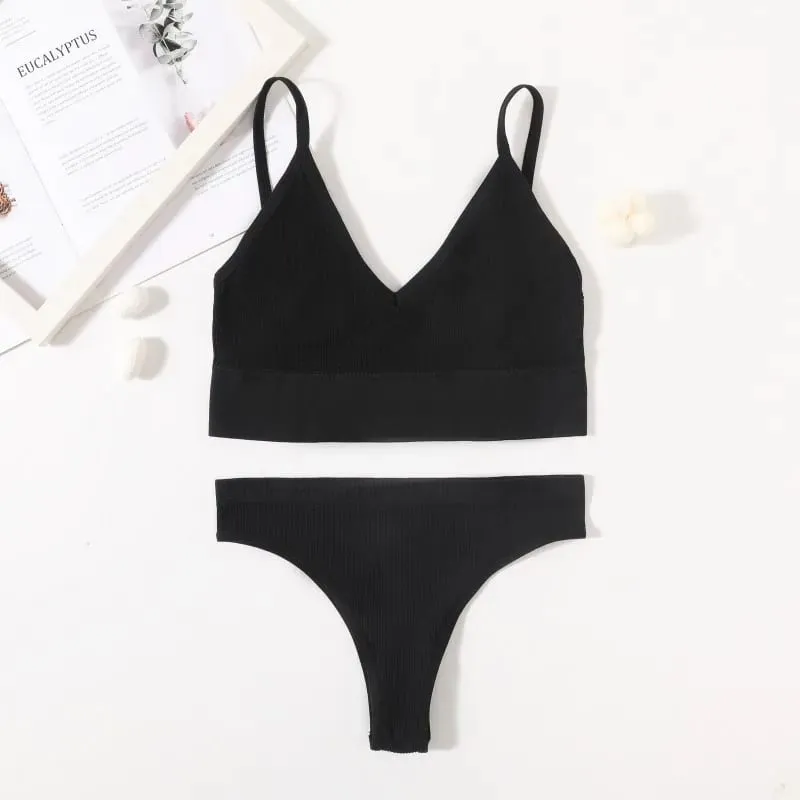 Women Seamless Bra And Panties Set Low Waist High Leg Cut Thongs Non-Wire Bra Top Sexy Lingerie Ladies U-Back Underwear Set