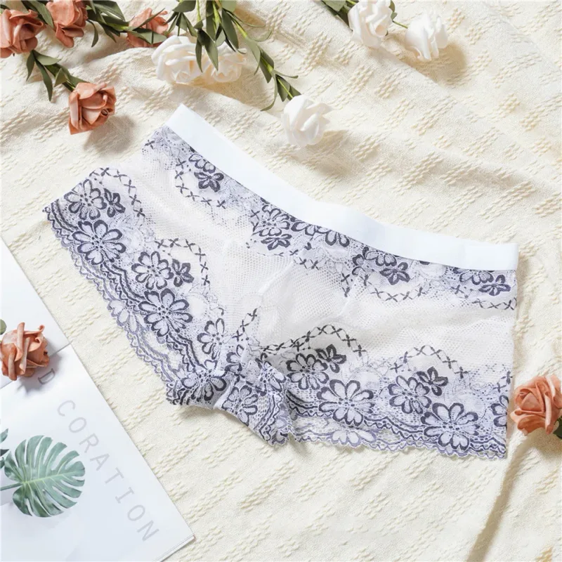 Men Lace Jacquard Mesh Boxer Shorts Underwear Hollow Temptation Exotic Trunks Silk Soft Quick Dry Breathable Sexy Panties — image 11