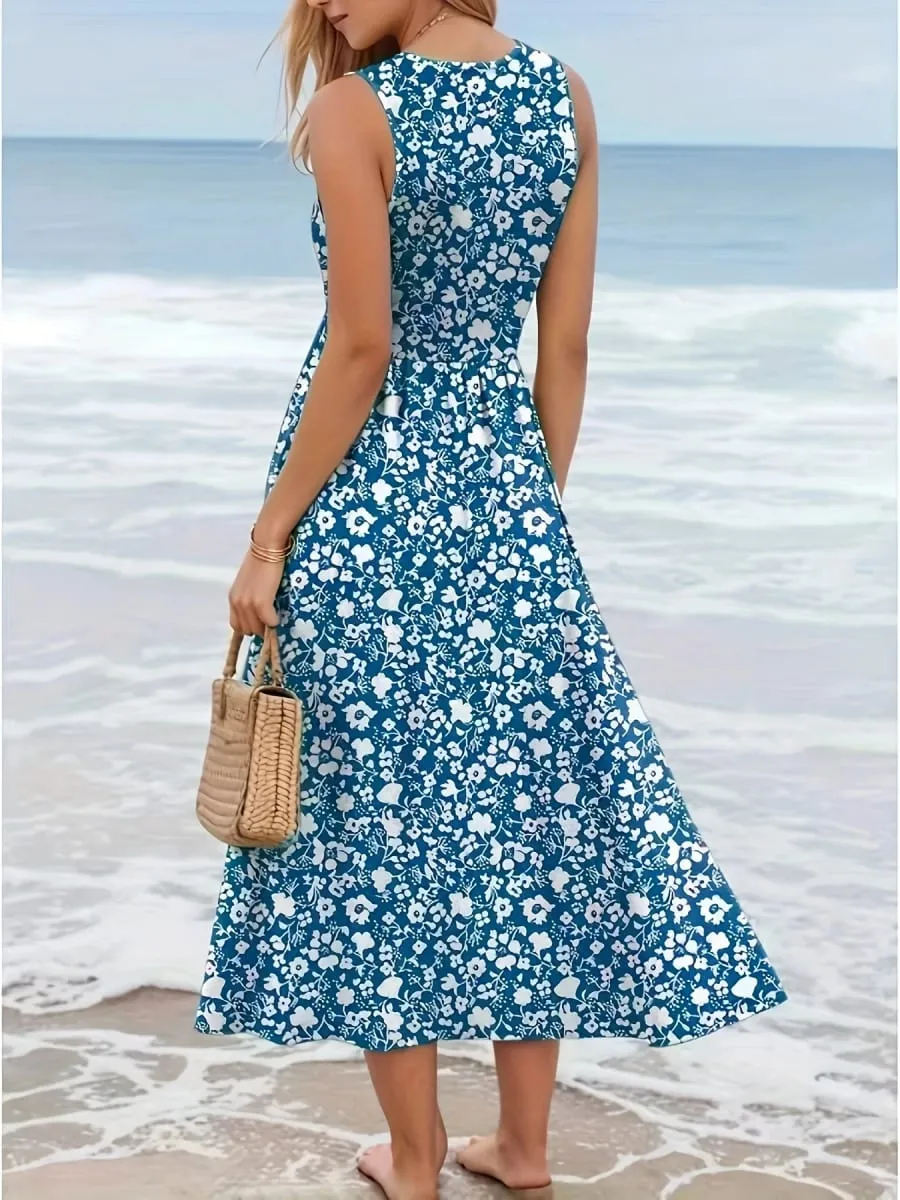 Women Summer Sleeveless Floral Midi Dress U Neck Casual Beach Sundress Boho Print Flowy Long Dress Holiday Vacation Ladies Vest