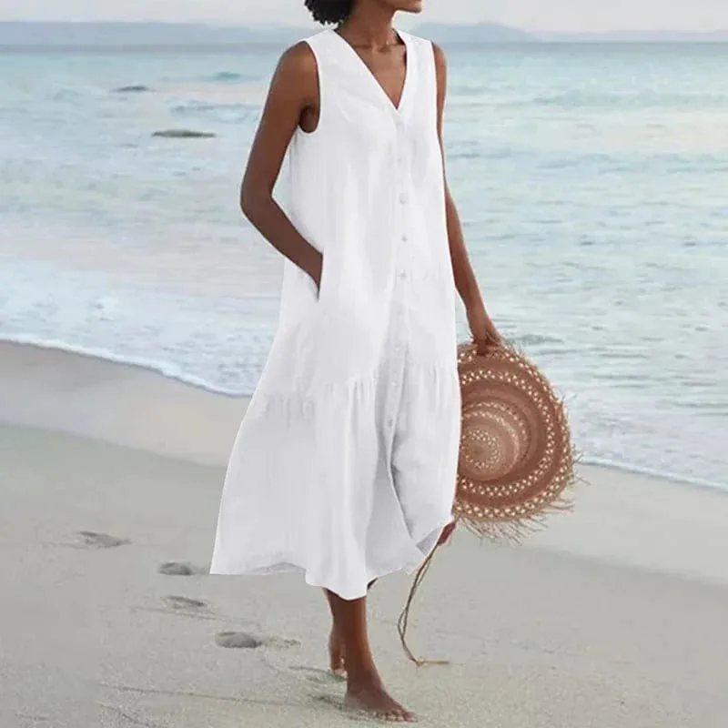 Sommer Lose Casual Patchwork Baumwolle Leinen Taschen Kleid V-ausschnitt Strand Stil Kleid Ärmelloses Vintage Club Midi Solide Frauen kleid
