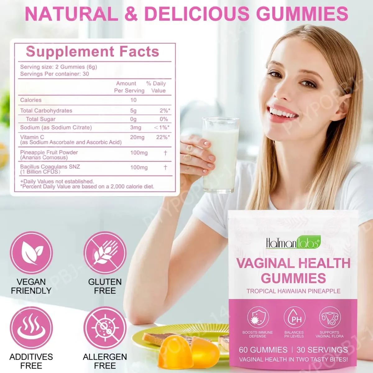 HolmanLabs Vaginal Health Gummies with Vitamin C and Probiotics Supports Vaginal Flora Helps Balance PH Levels 60 Gummies