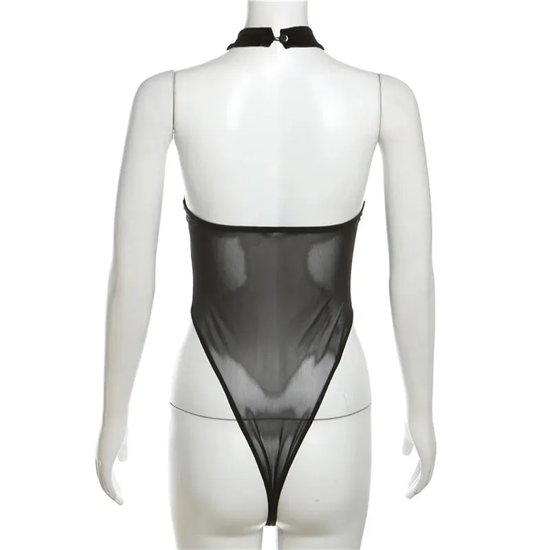 QQ Sexy Y2k Love Patchwork Slim Streetwear Jumpsuits Bodysuits Goth Mesh Velvet Sleeveless Halter Backless Bodycon Women Heart