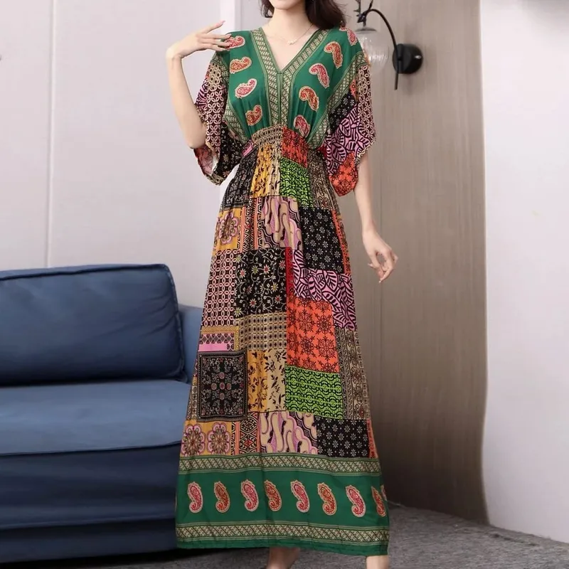 Na co dzień elegancki retro czeski styl narodowy dekolt w serek w pasie duża huśtawka z nadrukiem letnia długa spódnica kobieca sukienka ubrania