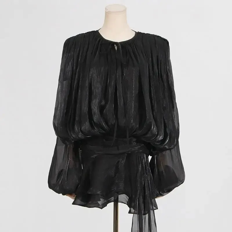 2026 Fashion Lace Up V-neck Lantern Mini Dress Long Sleeve Elegant Fold Sexy Flounce Hem Vestido Summer Evening Vacation Gown