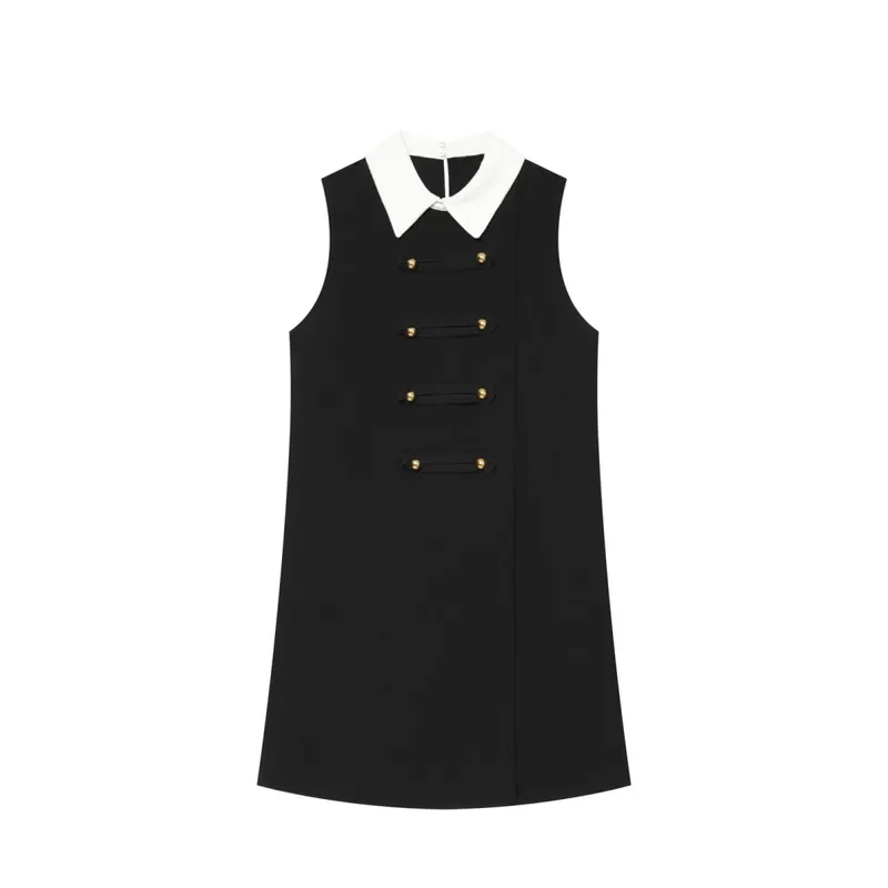 Women's Sleeveless Dress with Contrast Collar New 2026 Autumn Sleeveless Frog Fastening Women's Short Dress Female Mini Dresses