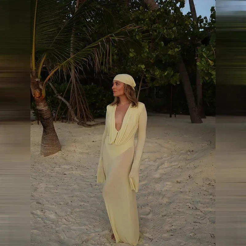 Women's Sexy Sheer Mesh Long Sleeve Maxi Dress Deep V Neck Long Sleeve Party Gown Stylish Lady Ruched Slim Fit Club Beach Wear