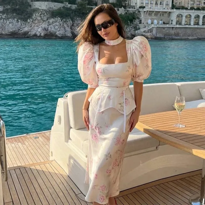 Lace Spliced Satin Midi Dress Waist Cinched Peplum V-Neck Puff Sleeve 2026 Summer Elegant Women Gown Causal Fashion Lady Vestido