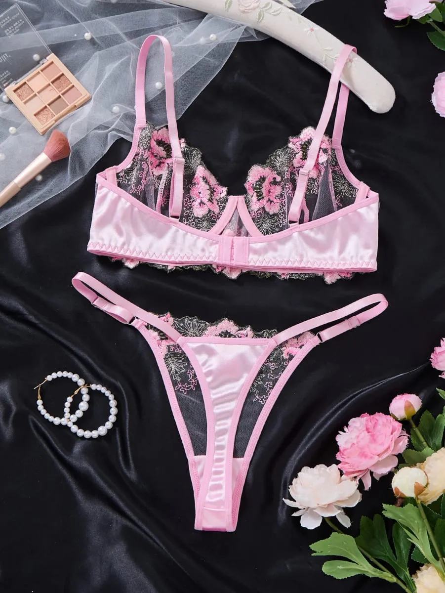 Women Floral Embroidery Lace Lingerie Set Push‑Up Bra & Thong Mesh Satin Intimate Underwear for Daily Nightwear ZA825146