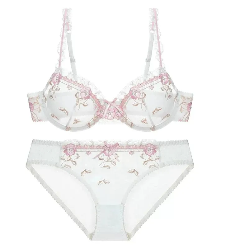 Delicate French Lace Lingerie Set White Mesh Embroidery Push‑Up Bra Panty Suit Plus Size Ladies Daily Wear Intimates