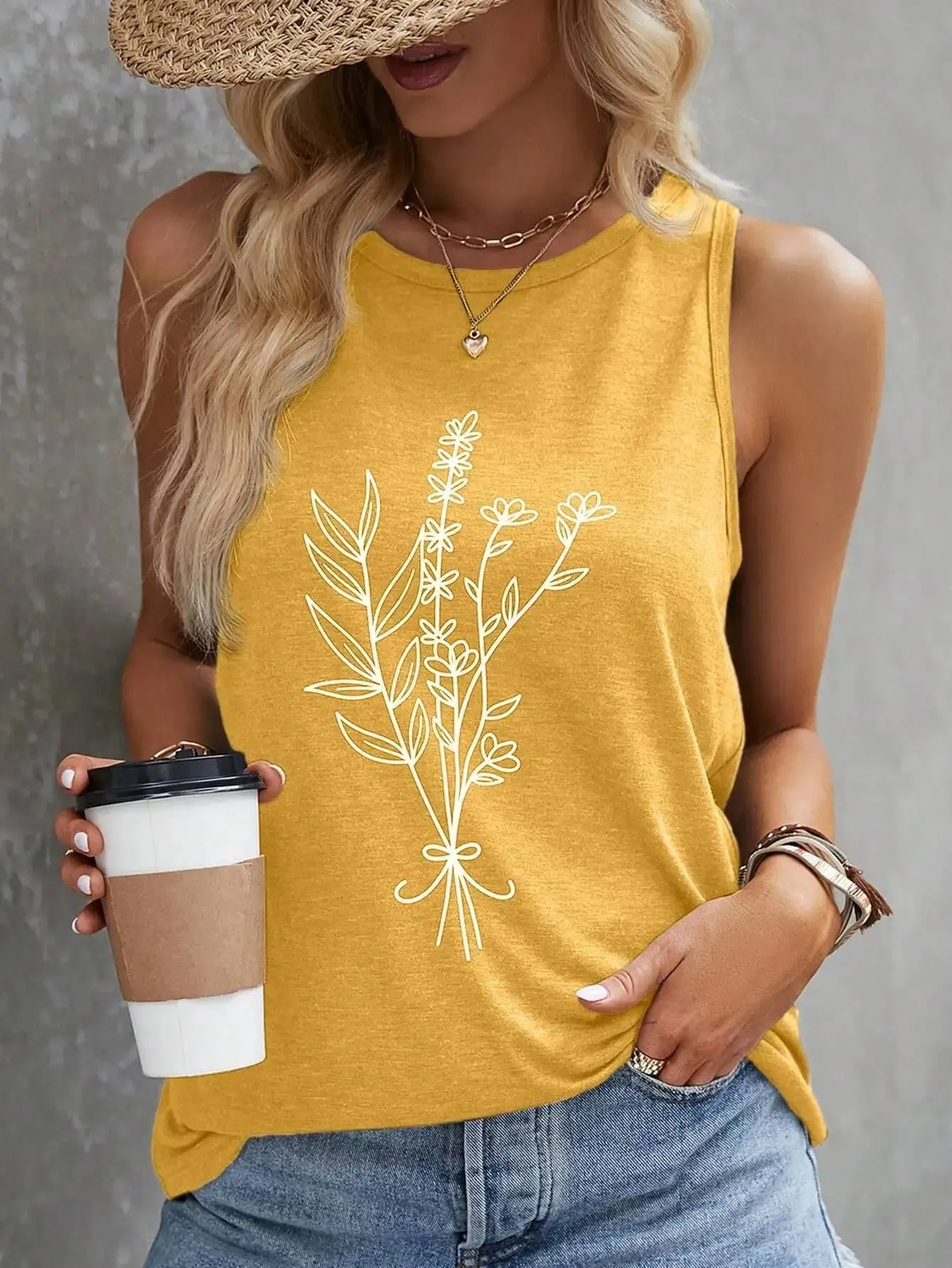 Casual Yellow Floral Print Round Neck Tank Top Loose Fit Sleeveless Blouse For Daily Vacation Beach Summer Outfits
