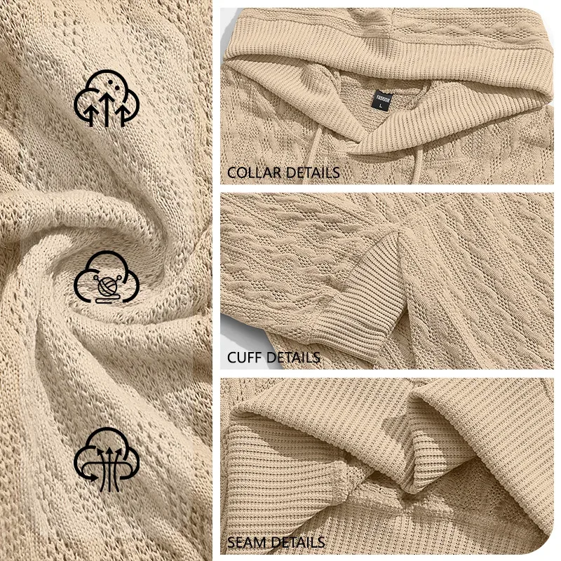 Men Thin Cable Knit Hooded Sweatshirt Drawstring Hood Kangaroo Pocket Long Sleeve Loose Casual Pullover Autumn Daily Street Tops