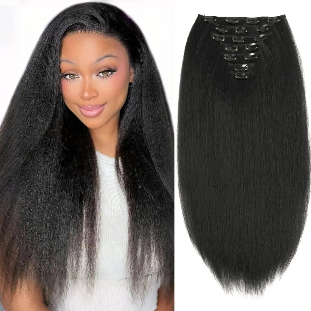 Synthetic Kinky Straight Clip in Hair Extensions 7pcs 16Clips Yaki Straight Clip Ins 22Inch/55cm Full Head Hair Extensions