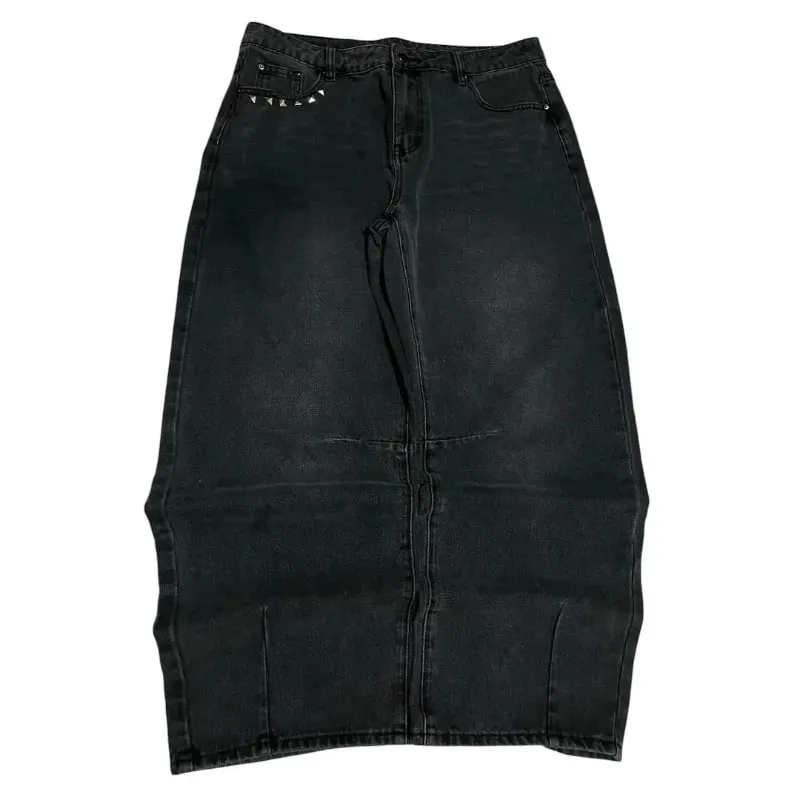 Washed Black Baggy Men Monster Tooth Embroidery Jeans Pocket Wide Leg Denim Pants Y2k Streetwear Hip Hop Loose Trousers Unisex