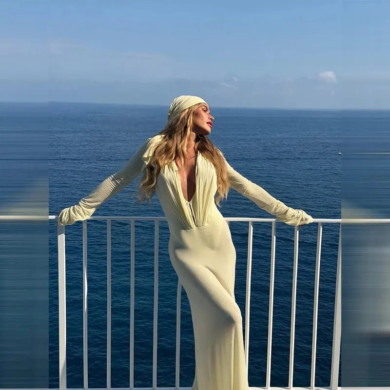 Women's Sexy Sheer Mesh Long Sleeve Maxi Dress Deep V Neck Long Sleeve Party Gown Stylish Lady Ruched Slim Fit Club Beach Wear