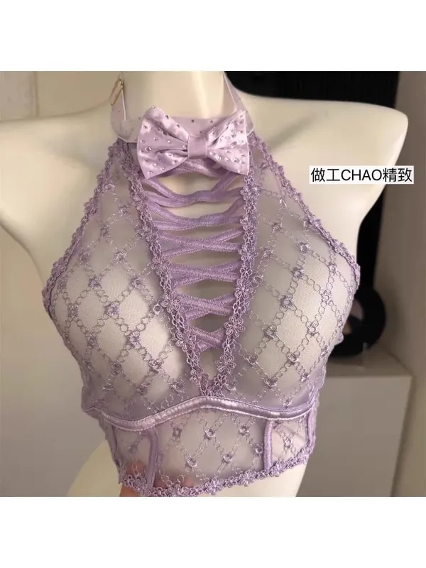 Minimizer Bra คัพใหญ่ DD+ | Sweetheart Bow Diamond Pattern Halter Top Slimชุดชั้นในบางชุดสตรีชุดชั้นในชุด — image 3