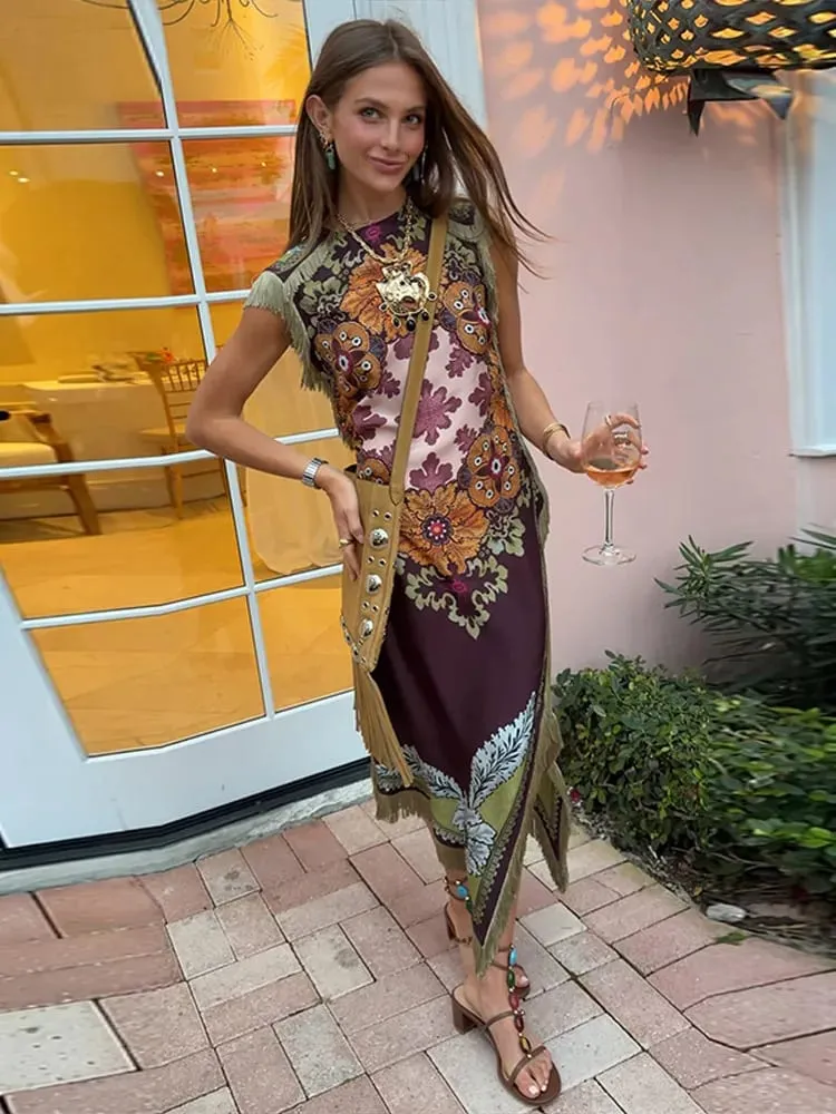 Elegant Printed Women's Dress Fringed Sleeveless Slim Irregular Lady Dresses 2026 Spring Summer Chic Female Holiday Robe