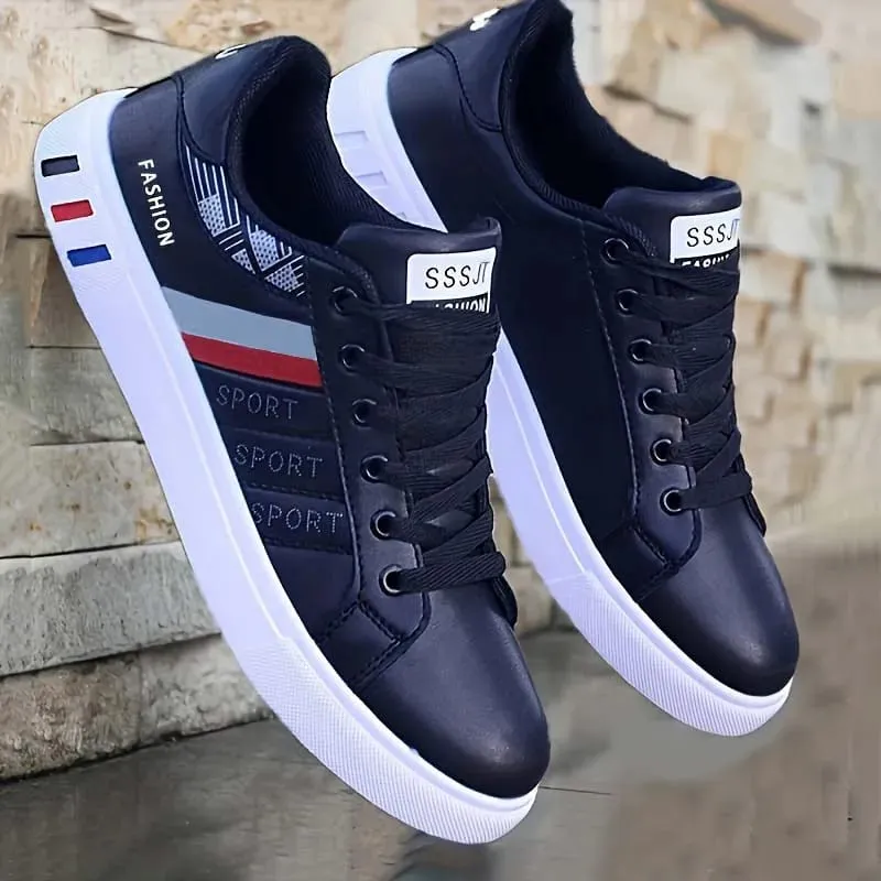 Men's Low-Top Lace-Up Sports Shoes Breathable Synthetic Material with Comfortable Fabric Lining Anti-Slip PVC Sole Striped Design Suitable for Casual and Outdoor Wear Daily Sneakers | Minimalist Style