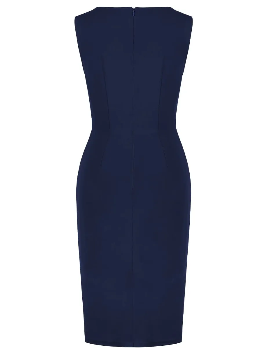 Women Elegant Round Neck Sleeveless Vintage Slim Work Office Cocktail Party Business Ruffle Casual Sheath Bodycon Pencil Dress